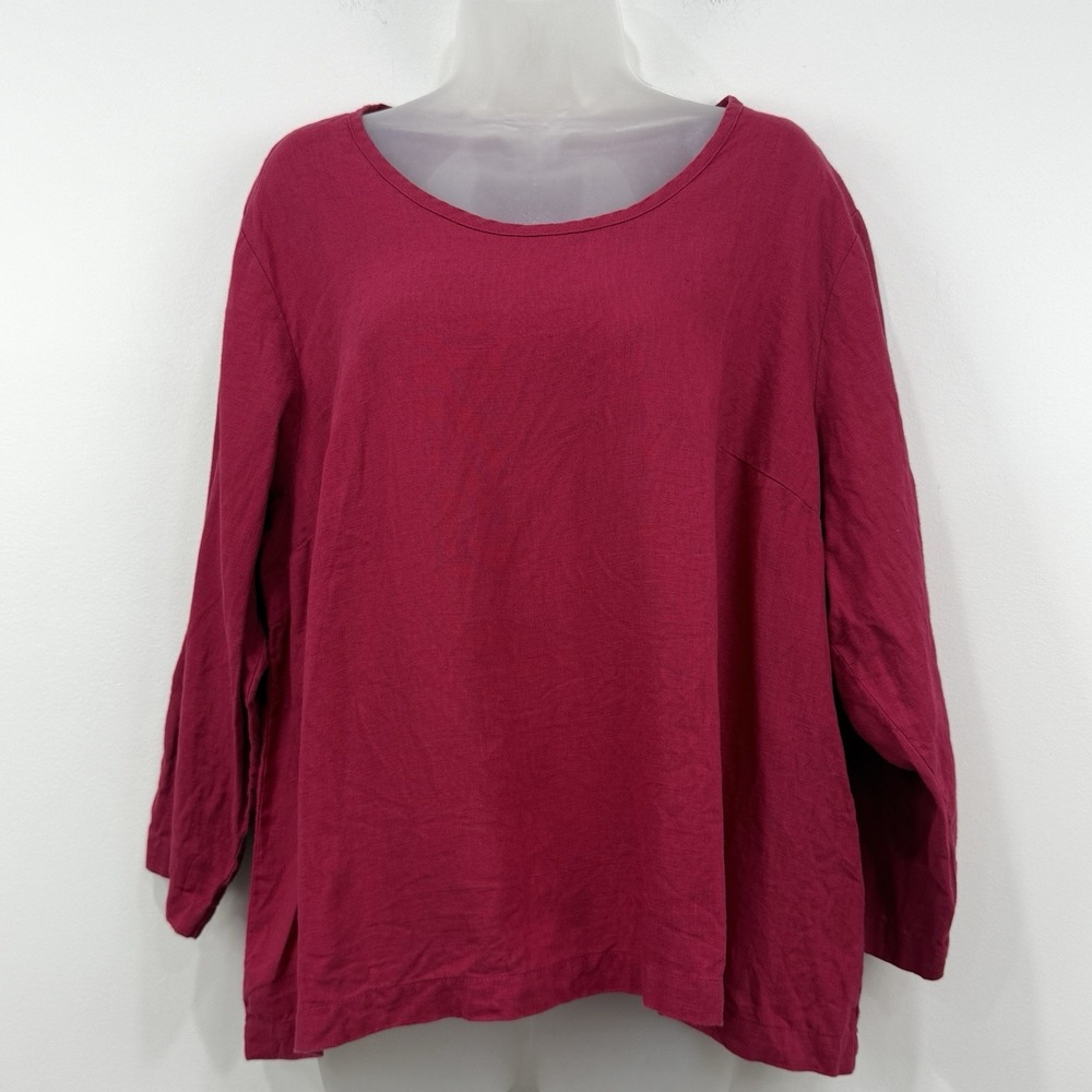 Flax 100% Linen Top Womens L Raspberry Lagenlook Boxy Lagom Coastal Oversized